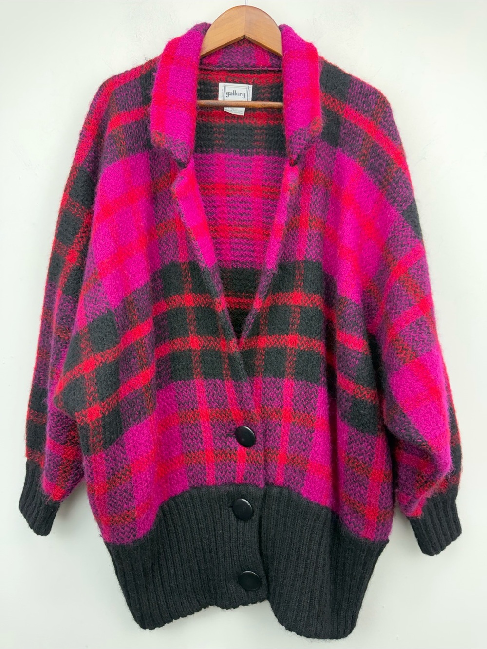 Vintage Gallery Sz Medium Women’s Pink Plaid Wool Mohair Blend Cardigan Sweater